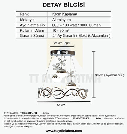 TT335-3TPL-KR TT Aydınlatma Krom Kaplama 3 Toplu 3 Renk Modüllü Led Avize