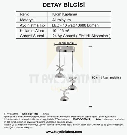 TT063-3-SPT-KR TT Aydınlatma Kelebek Toplu-Spotlu Krom 3 lü 3 Renk Modüllü Ledli Avize