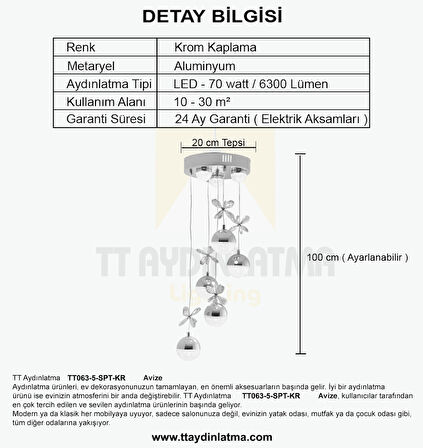 TT063-5-SPT-KR TT Aydınlatma Kelebek Toplu-Spotlu Krom 5 li 3 Renk Modüllü Ledli Avize