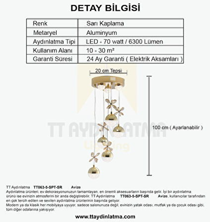 TT063-5-SPT-SR TT Aydınlatma Kelebek Toplu-Spotlu Sarı 5 li 3 Renk Modüllü Ledli Avize
