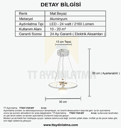 TT037-YUV-BY TT Aydınlatma Yuvarlak Model Mat Beyaz Tek Toplu 3 Renk Led Avize