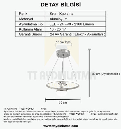 TT037-YUV-KR TT Aydınlatma Halka Model Krom Kaplama Tek Toplu 3 Renk Led Avize
