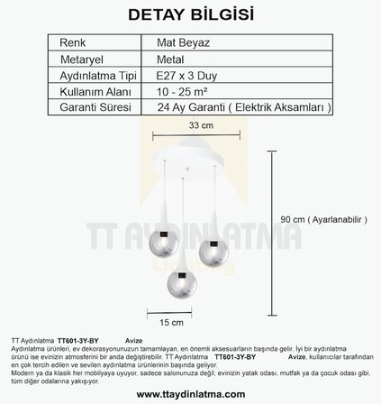 TT601-3Y-FULLBY TT Aydınlatma Mat Beyaz 3 lü Uzun Hunili Yuvarlak Avize