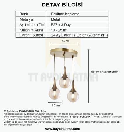 TT601-3Y-FULLESK TT Aydınlatma Eskitme Kaplama 3 lü Uzun Hunili Yuvarlak Avize