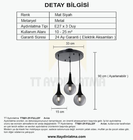 TT601-3Y-FULLSY TT Aydınlatma Mat Siyah 3 lü Uzun Hunili Yuvarlak Avize