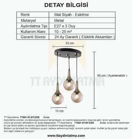 TT601-3Y-SY-ESK TT Aydınlatma Mat Siyah - Eskitme 3 lü Uzun Hunili Yuvarlak Avize