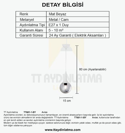 TT601-1-FULLBY TT Aydınlatma Mat Beyaz Tekli Uzun Hunili Avize