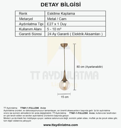 TT601-1-FULLESK TT Aydınlatma Eskitme Kaplama Tekli Uzun Hunili Avize
