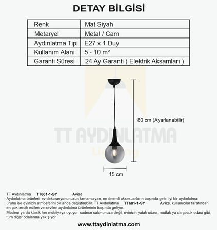 TT601-1-FULLSY TT Aydınlatma Mat Siyah Tekli Uzun Hunili Avize