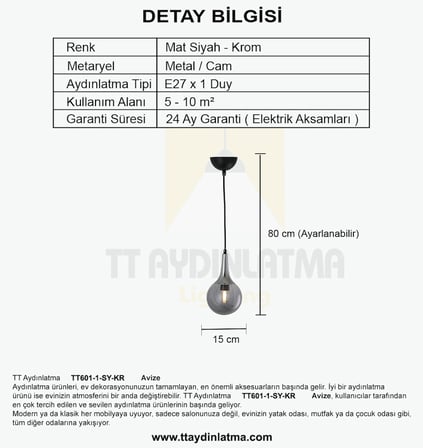 TT601-1-SY-KR TT Aydınlatma Mat Siyah-Krom Tekli Uzun Hunili Avize