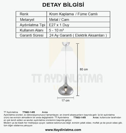 TT602-1-FULLKR TT Aydınlatma Krom Kaplama Tekli Uzun Hunili Tombul Camlı Avize