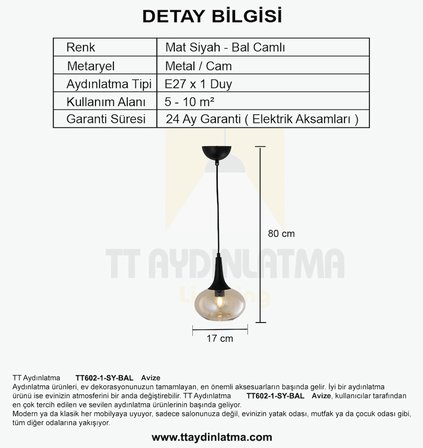 TT602-1-SY-BAL TT Aydınlatma Mat Siyah - Bal Tekli Uzun Hunili Tombul Camlı Avize
