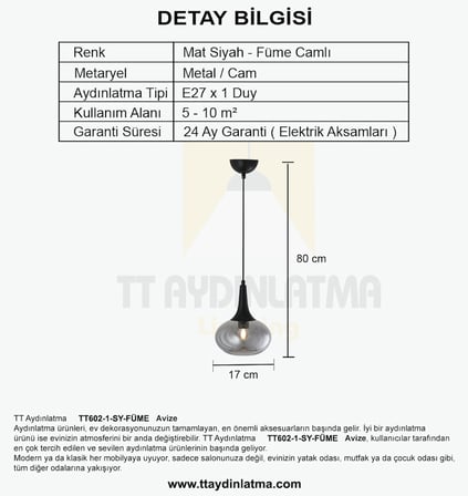 TT602-1-SY-FÜME TT Aydınlatma Mat Siyah - Füme Tekli Uzun Hunili Tombul Camlı Avize