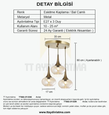 TT602-3Y-FULLESK TT Aydınlatma Eskitme Kaplama 3 lü Hunili Tombul Camlı Yuvarlak Avize