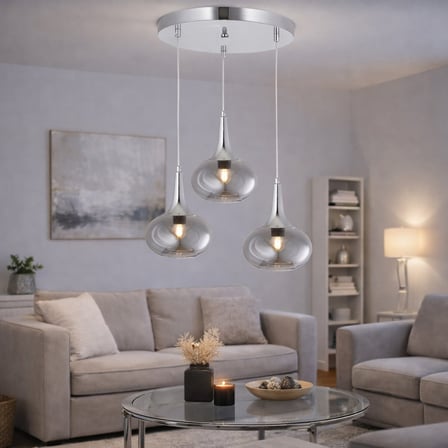 TT602-3Y-FULLKR TT Aydınlatma Krom Kaplama 3 lü Hunili Tombul Camlı Yuvarlak Avize