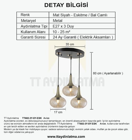 TT602-3Y-SY-ESK TT Aydınlatma Mat Siyah - Eskitme 3 lü Hunili Tombul Camlı Yuvarlak Avize