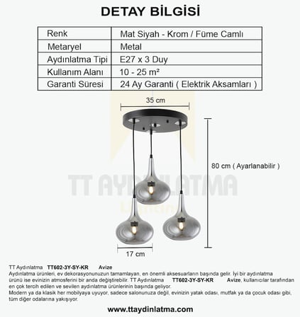 TT602-3Y-SY-KR TT Aydınlatma Mat Siyah - Krom 3 lü Hunili Tombul Camlı Yuvarlak Avize