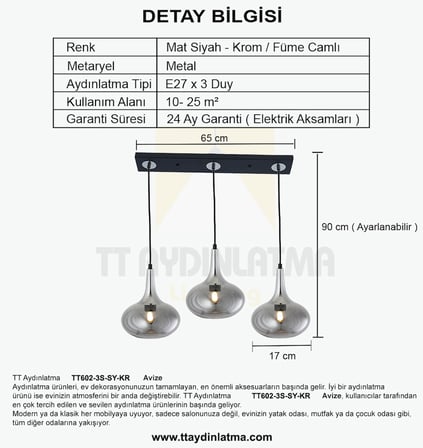 TT602-3S-SY-KR TT Aydınlatma Mat Siyah - Krom 3 lü Hunili Tombul Camlı Sıralı Avize