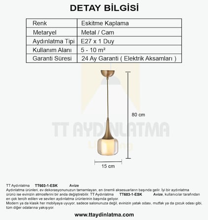 TT603-1-FULLESK TT Aydınlatma Eskitme Kaplama Tekli Silindir Çift Camlı Avize