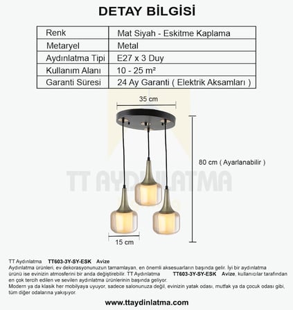 TT603-3Y-SY-ESK TT Aydınlatma Mat Siyah - Eskitme 3 lü Silindir Çift Camlı Yuvarlak Avize