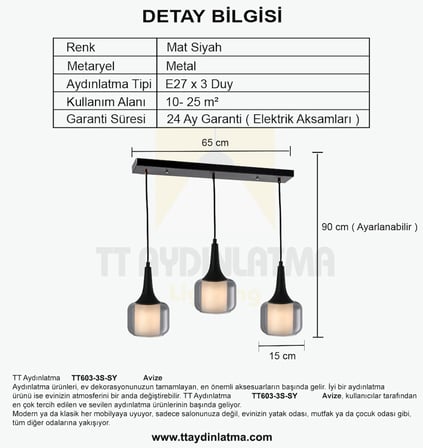TT603-3S-FULLSY TT Aydınlatma Mat Siyah 3 lü Silindir Çift Camlı Sıralı Avize