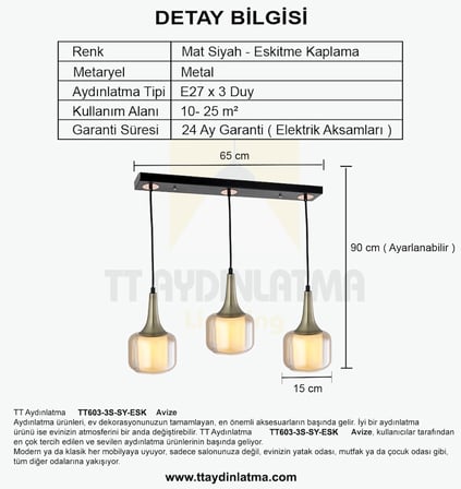 TT603-3S-SY-ESK TT Aydınlatma Mat Siyah - Eskitme 3 lü Silindir Çift Camlı Sıralı Avize