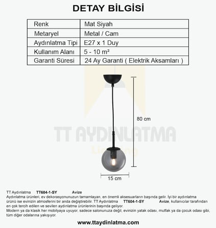 TT604-1-FULLSY TT Aydınlatma Mat Siyah Tijli Glop Camlı Tekli Avize