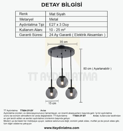 TT604-3Y-FULLSY TT Aydınlatma Mat Siyah 3 lü Tijli Glop Camlı Yuvarlak Avize