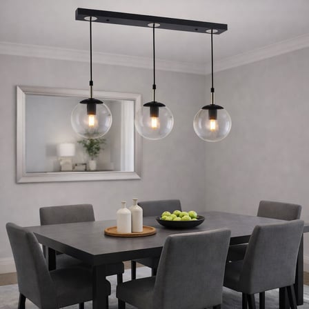 TT604-3S-SY-KR TT Aydınlatma Mat Siyah - Krom 3 lü Tijli Glop Camlı Sıralı Avize
