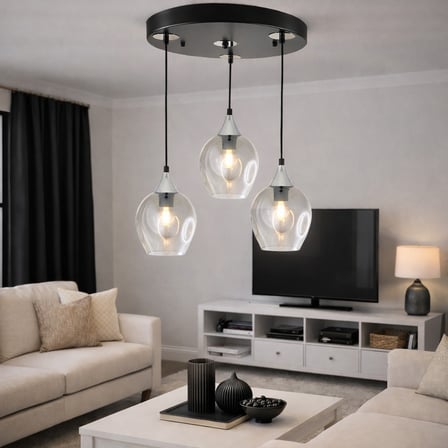 TT606-3Y-SY-KR TT Aydınlatma Mat Siyah - Krom 3 lü Basık Camlı Yuvarlak Avize
