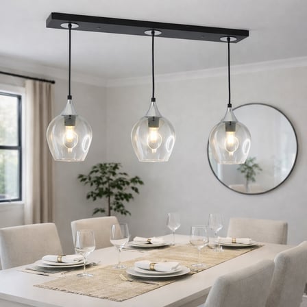 TT606-3S-SY-KR TT Aydınlatma Mat Siyah - Krom 3 lü Basık Camlı Sıralı Avize