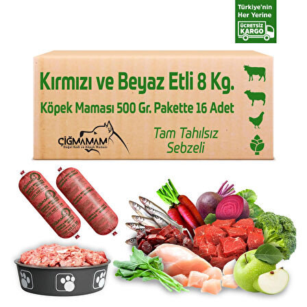 Kırmızı ve Beyaz Etli Tahılsız 8 Kg 500 Gr 16 Adet Çiğmamam Barf Köpek Maması