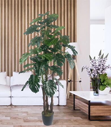 Yapay Çiçek Monstera Yeşil Deve Tabanı 3Katlı 135cm 54Yaprak Siyah Plastik Saksıda Yapay Bitki