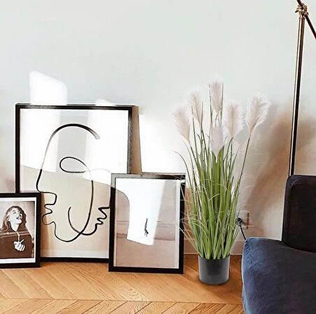 Yapay Çiçek Saksılı Salon Bitkisi Beyaz Püskül Grass Panpas