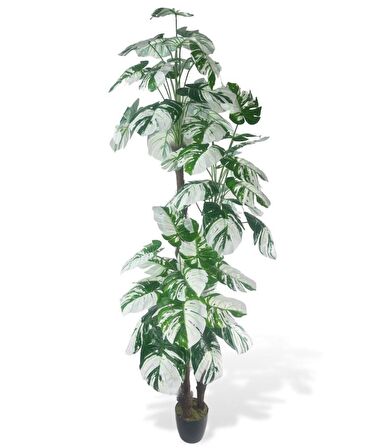 Yapay Çiçek Monstera Yeşil Beyaz Deve Tabanı 3Katlı 180cm 54Yaprak Siyah Plastik Saksıda Yapay Bitki