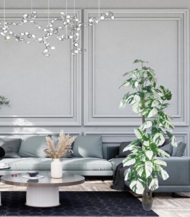 Yapay Çiçek Monstera Yeşil Beyaz Deve Tabanı 3Katlı 180cm 54Yaprak Siyah Plastik Saksıda Yapay Bitki