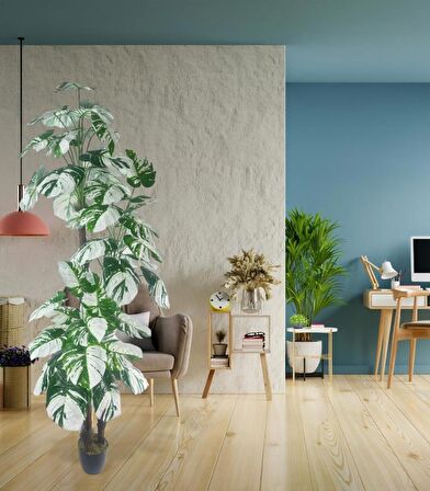 Yapay Çiçek Monstera Yeşil Beyaz Deve Tabanı 3Katlı 180cm 54Yaprak Siyah Plastik Saksıda Yapay Bitki