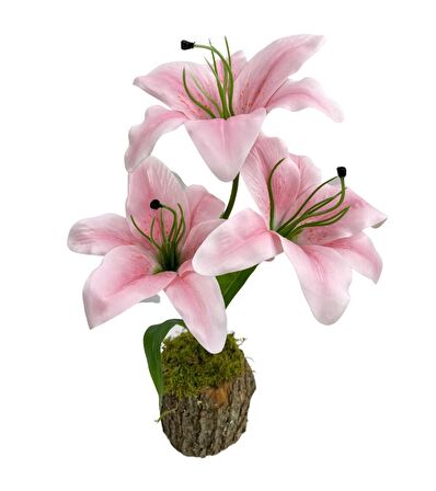 Yapay Çiçek Kütük Saksıda Islak Lilyum Pembe Renk 3 Çiçekli Gerçeksi Doku