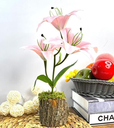 Yapay Çiçek Kütük Saksıda Islak Lilyum Pembe Renk 3 Çiçekli Gerçeksi Doku