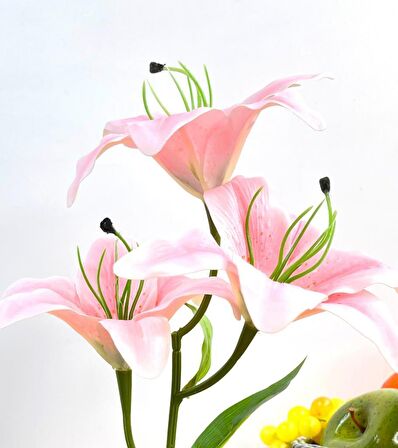 Yapay Çiçek Kütük Saksıda Islak Lilyum Pembe Renk 3 Çiçekli Gerçeksi Doku