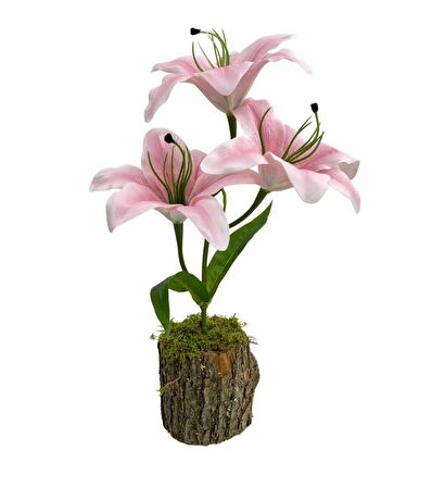 Yapay Çiçek Kütük Saksıda Islak Lilyum Pembe Renk 3 Çiçekli Gerçeksi Doku