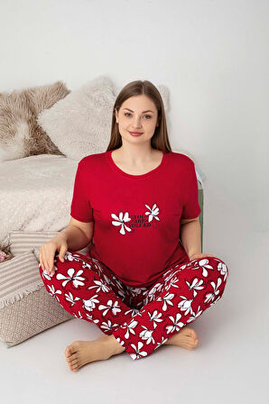 Kadın Bisiklet Yaka Düğmesiz Battal Kesim Viskon Yazlık Kısa Kol Cepli Büyük Beden Pijama Takımı