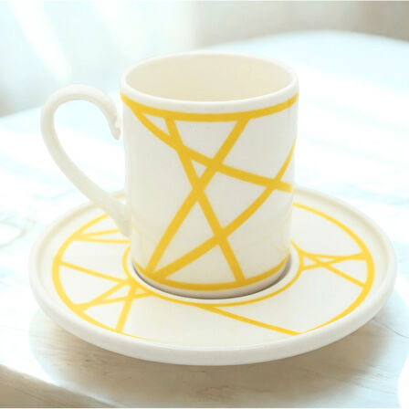 Renkli Geometrik Çizgili 6 Kişilik Porselen Kahve Fincan Takımı