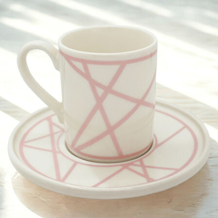 Renkli Geometrik Çizgili 6 Kişilik Porselen Kahve Fincan Takımı