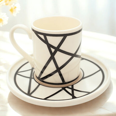 Renkli Geometrik Çizgili 6 Kişilik Porselen Kahve Fincan Takımı