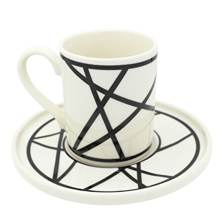 Renkli Geometrik Çizgili 6 Kişilik Porselen Kahve Fincan Takımı