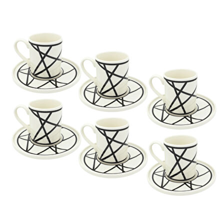 Renkli Geometrik Çizgili 6 Kişilik Porselen Kahve Fincan Takımı