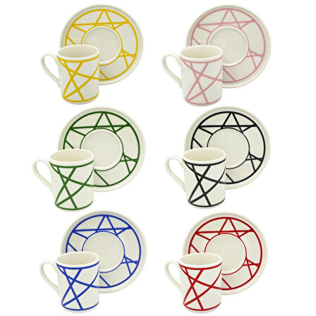 Renkli Geometrik Çizgili 6 Kişilik Porselen Kahve Fincan Takımı