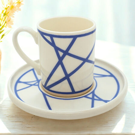 Renkli Geometrik Çizgili 6 Kişilik Porselen Kahve Fincan Takımı