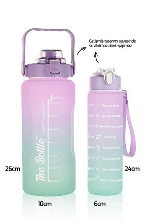 2'li Motivasyonel Su Matarası Su Şişesi 2 LT + 750 ML - Mor